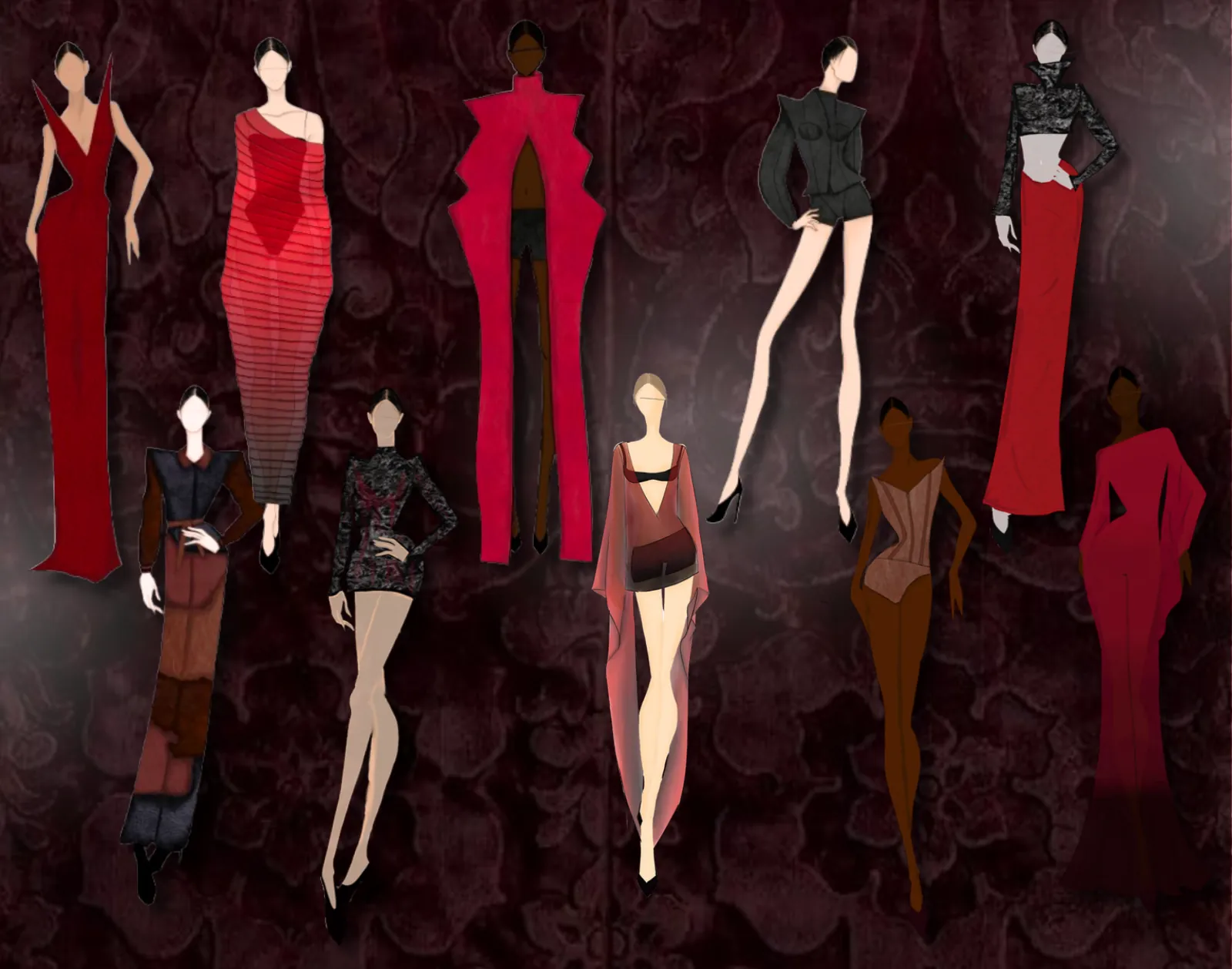 Illustrated collection in deep red and black