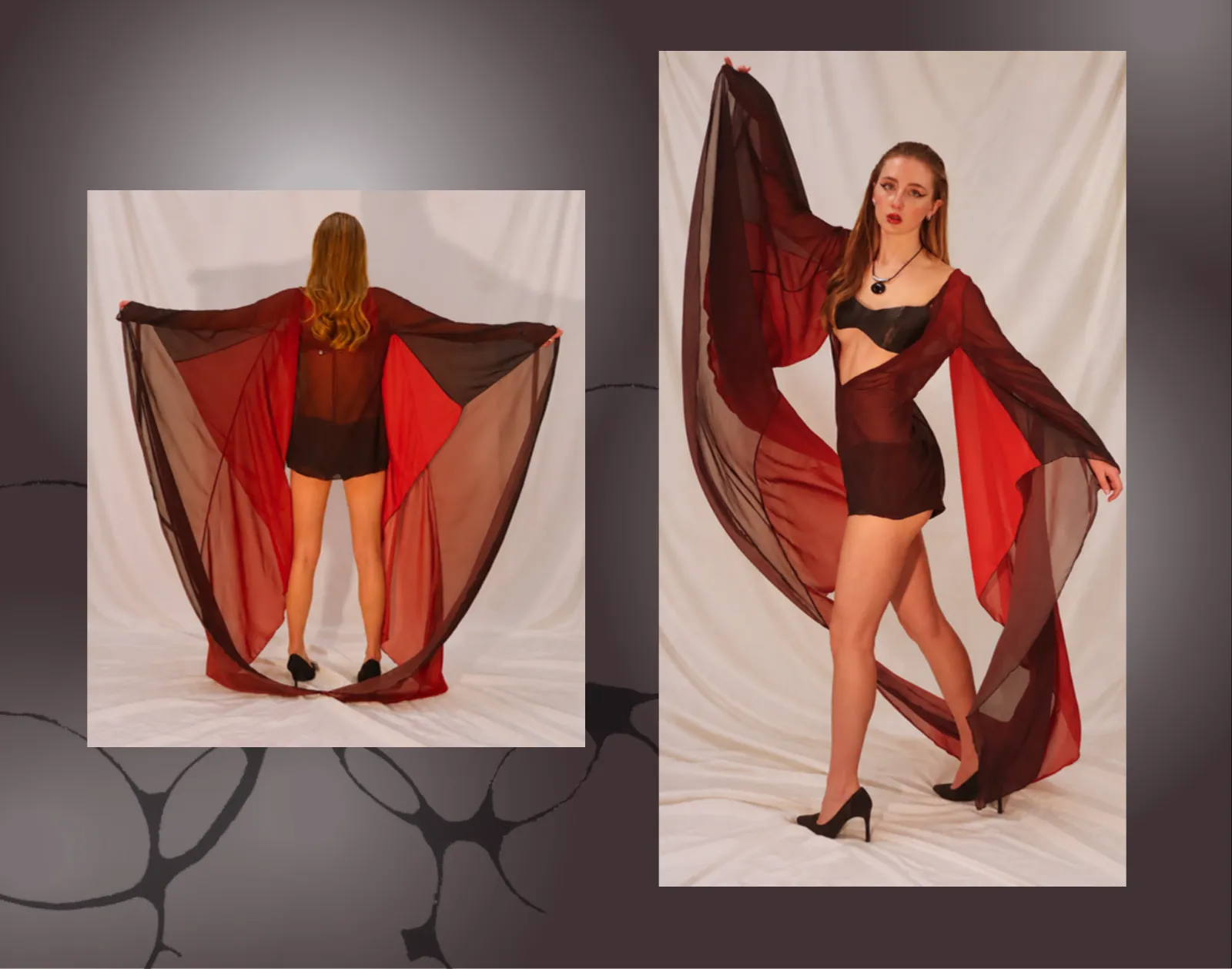 Model wearing a red chiffon cape