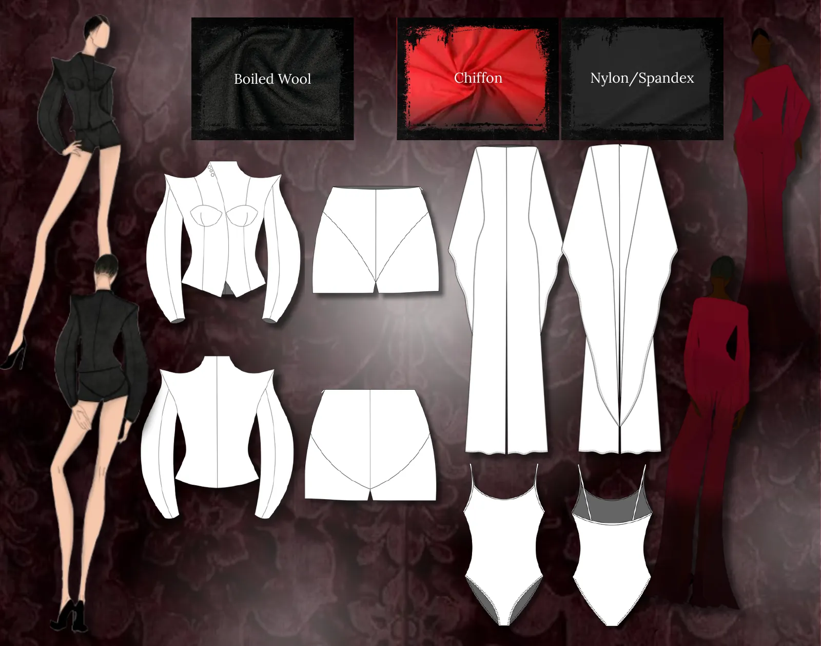Technical flats in boiled wool, chiffon and nylon spandex