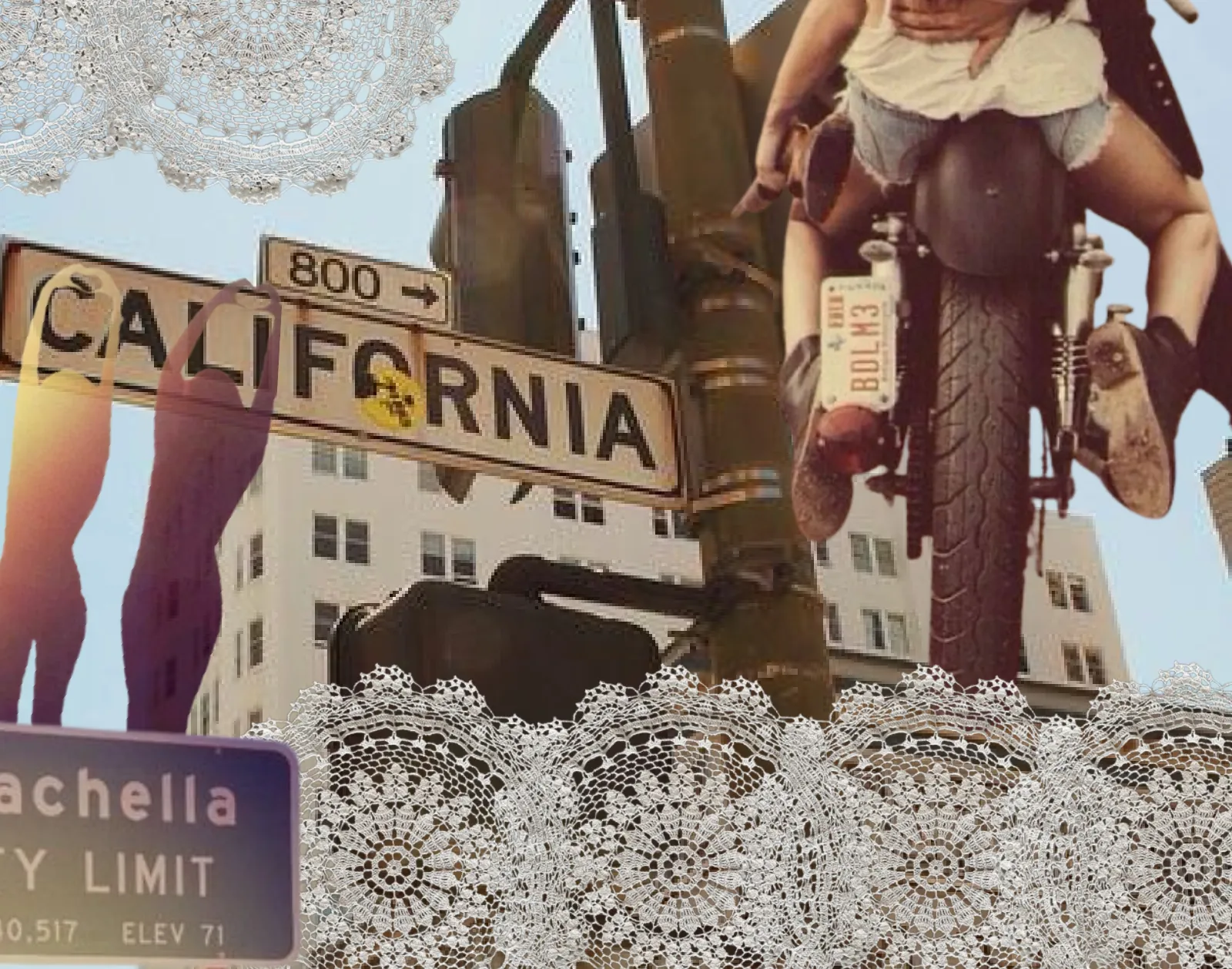Collage of a California street sign, a motorcycle and white lace