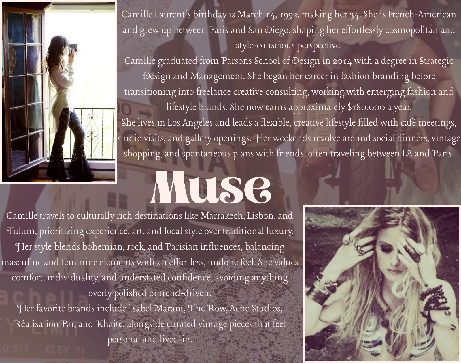 Muse board: photographs and written profile