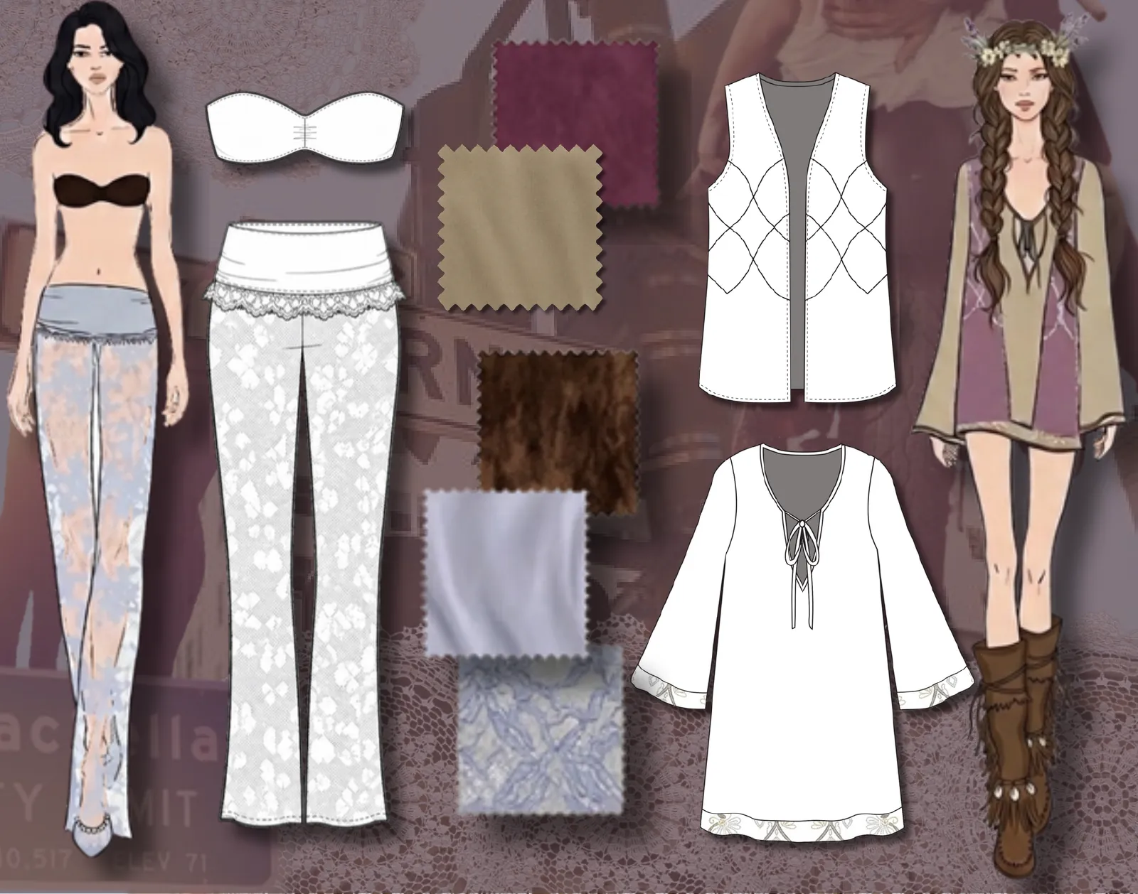 Illustrated looks with fabric swatches