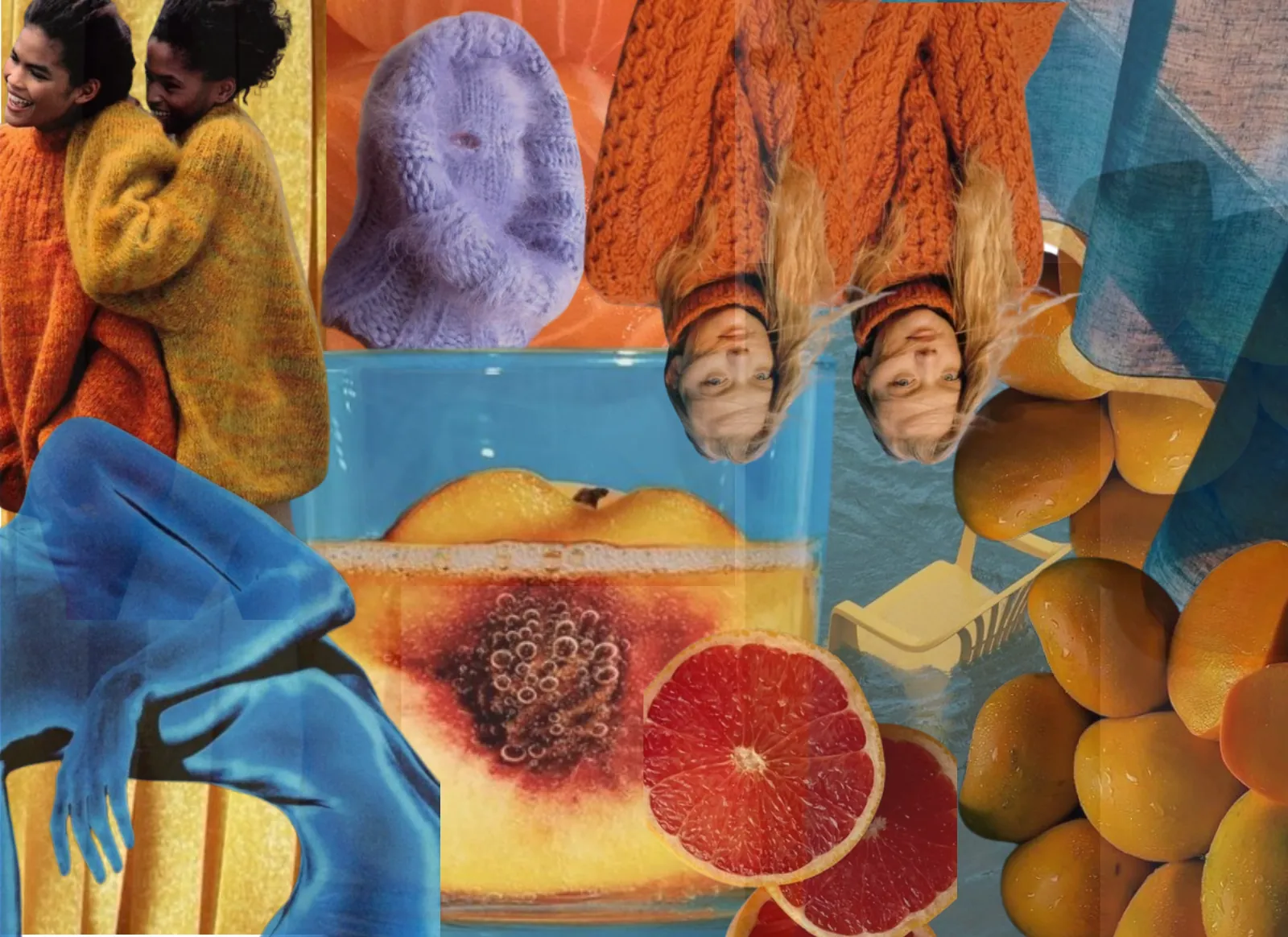 Inspiration board collage of knitwear, citrus and blue textiles