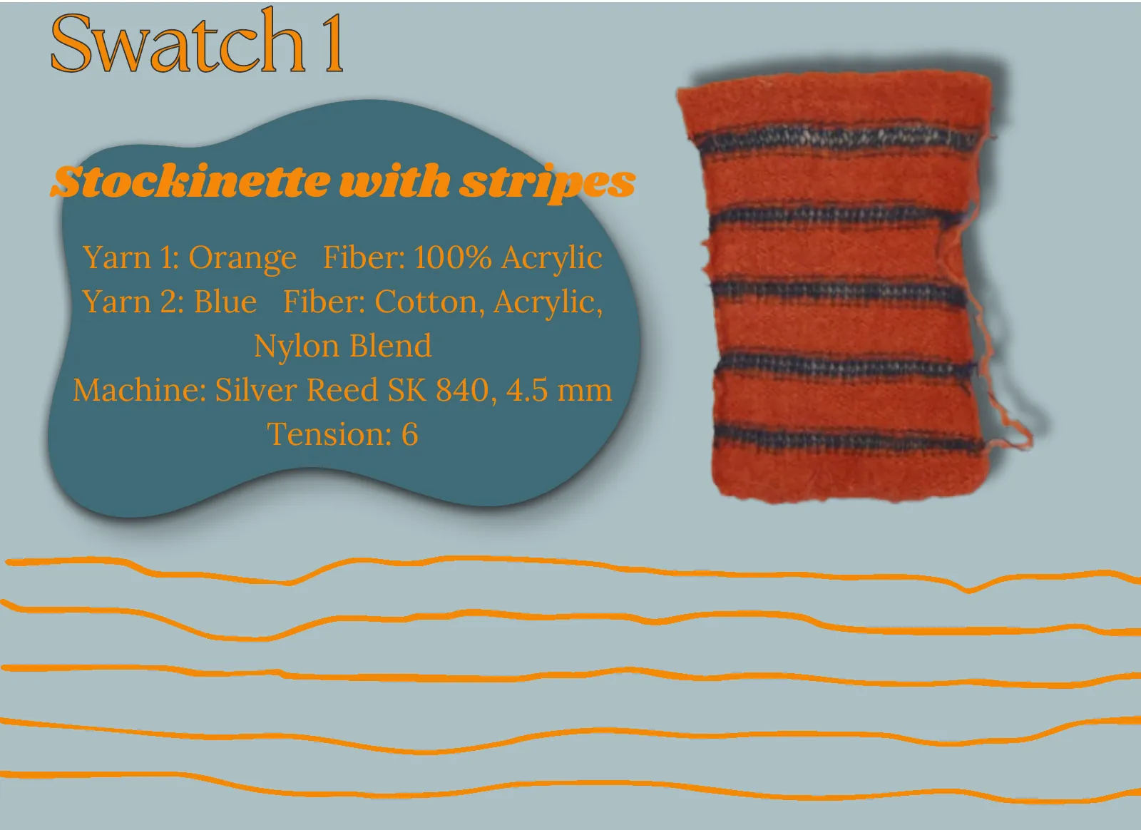 Swatch 1: stockinette with stripes, yarn and machine details