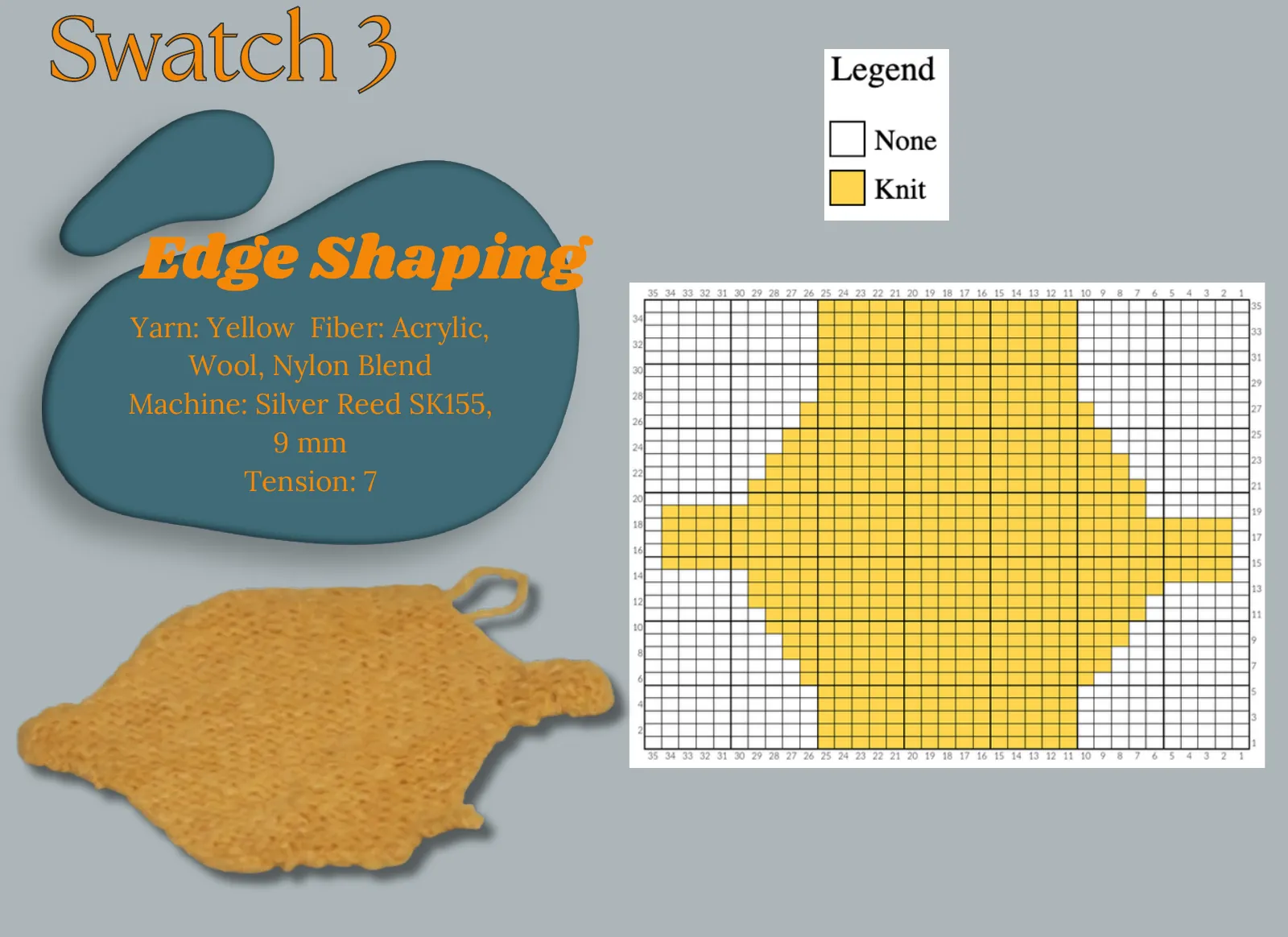 Swatch 3: edge shaping with knitting chart