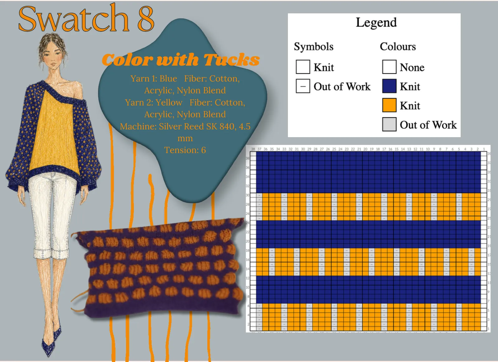 Swatch 8: colour with tucks, illustrated look and chart