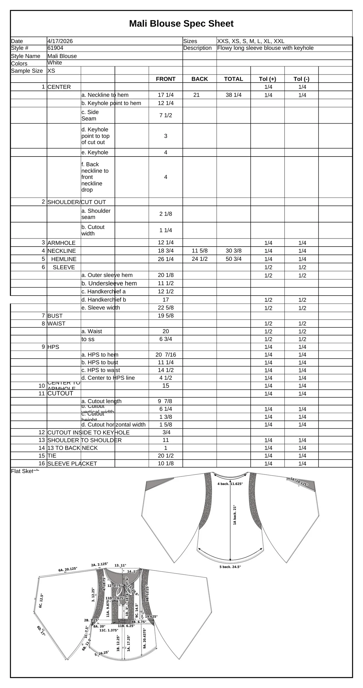 Spec sheet with measurement points and tolerances