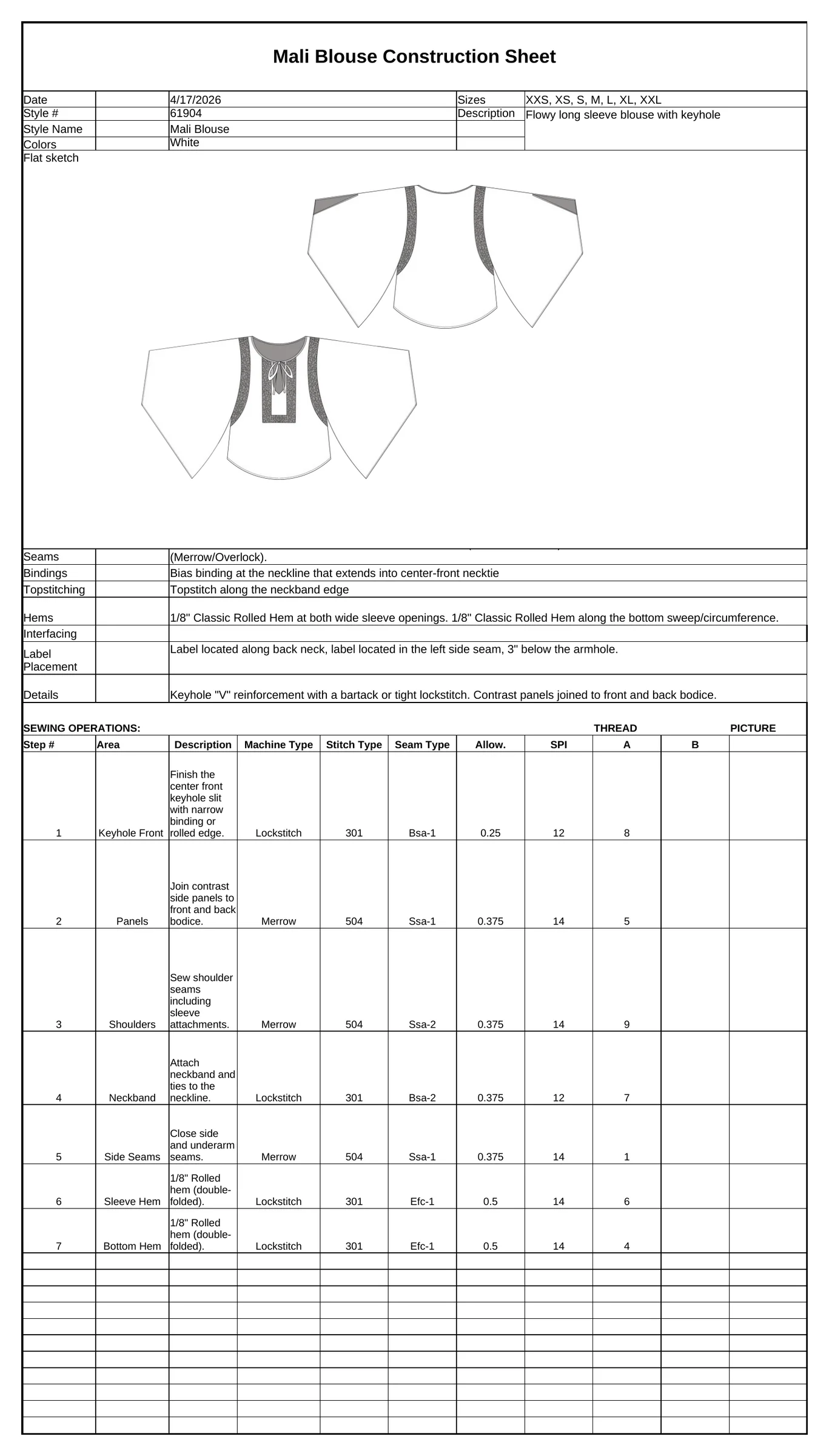 Construction sheet: seams, bindings, topstitching, hems and label placement