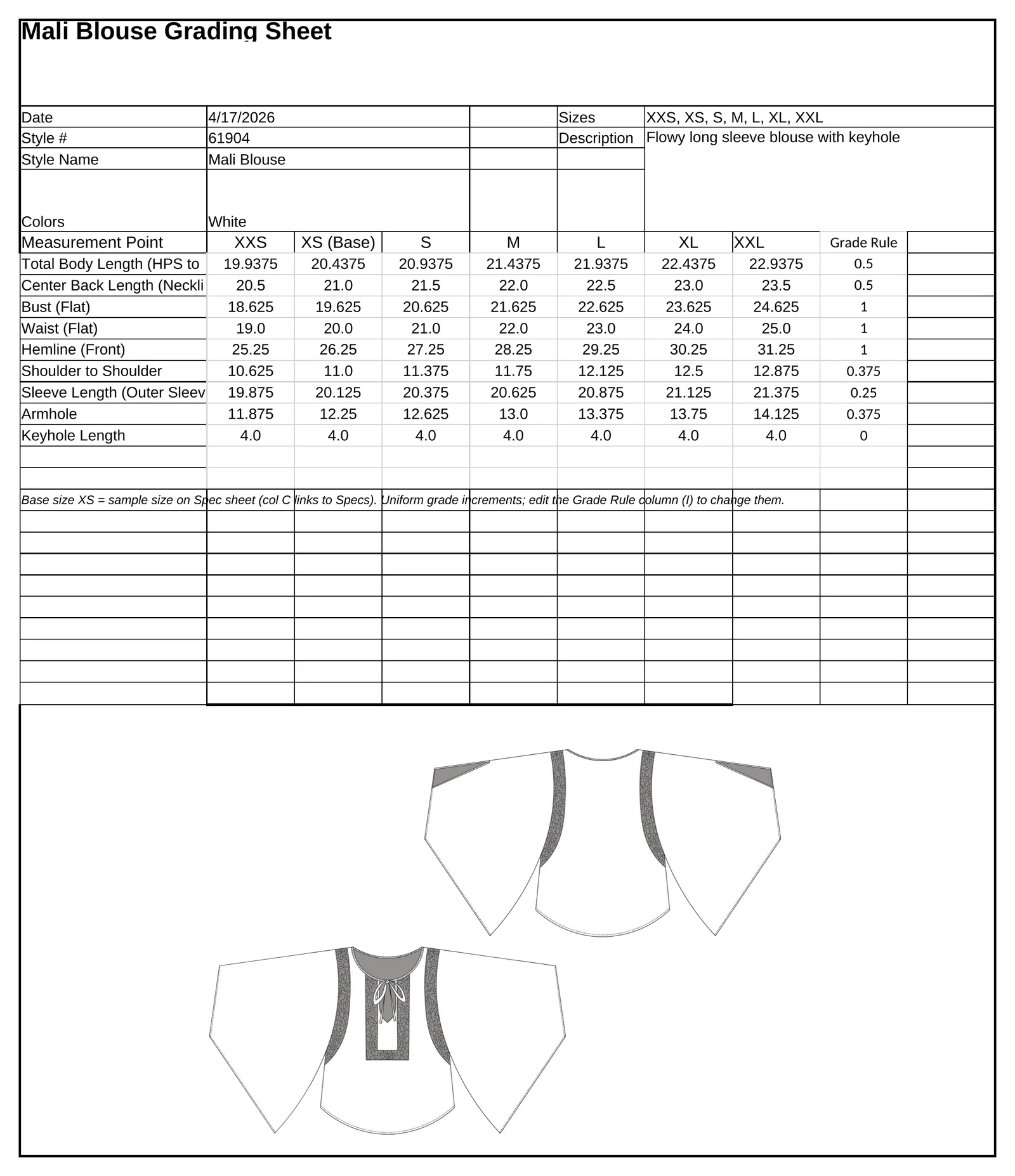 Grading sheet from XXS to XXL