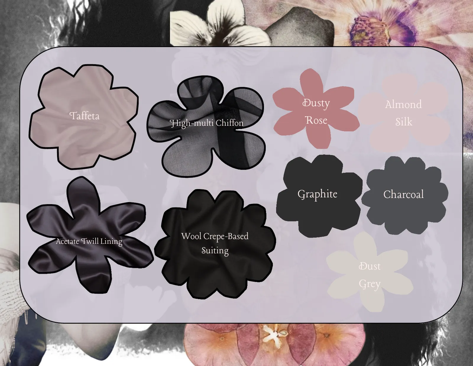 Fabric palette in flower-shaped swatches: taffeta, chiffon, suiting and silk