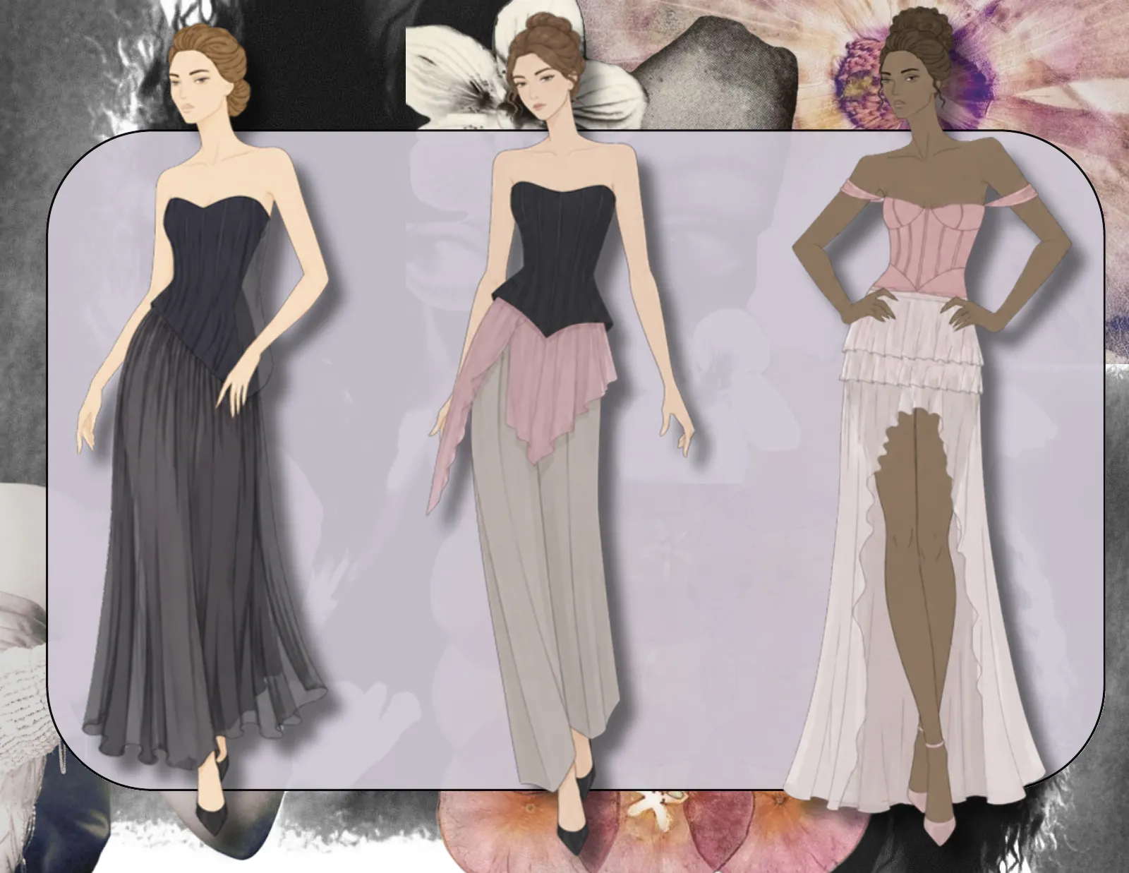 Three illustrated strapless looks