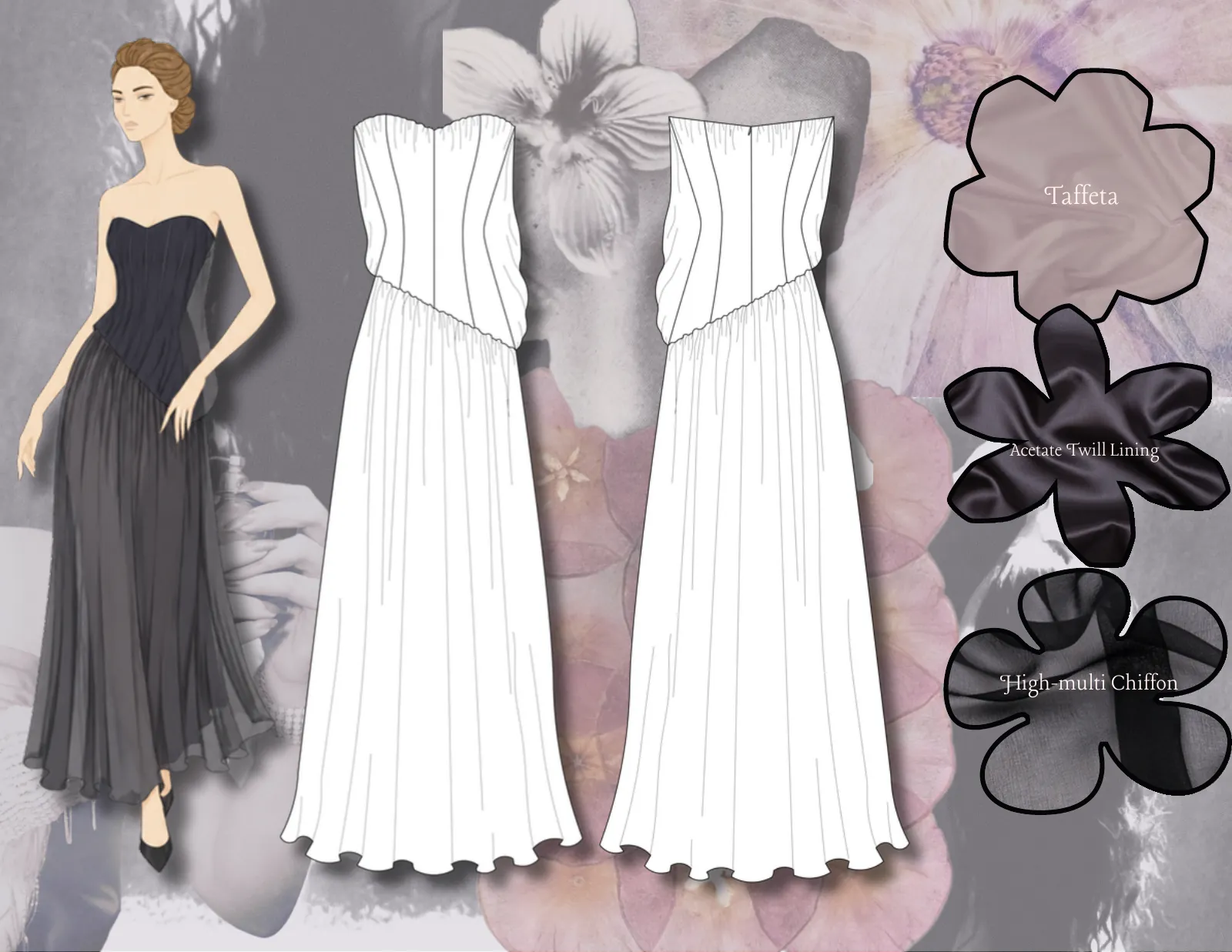 Black strapless gown illustration with front and back technical flats