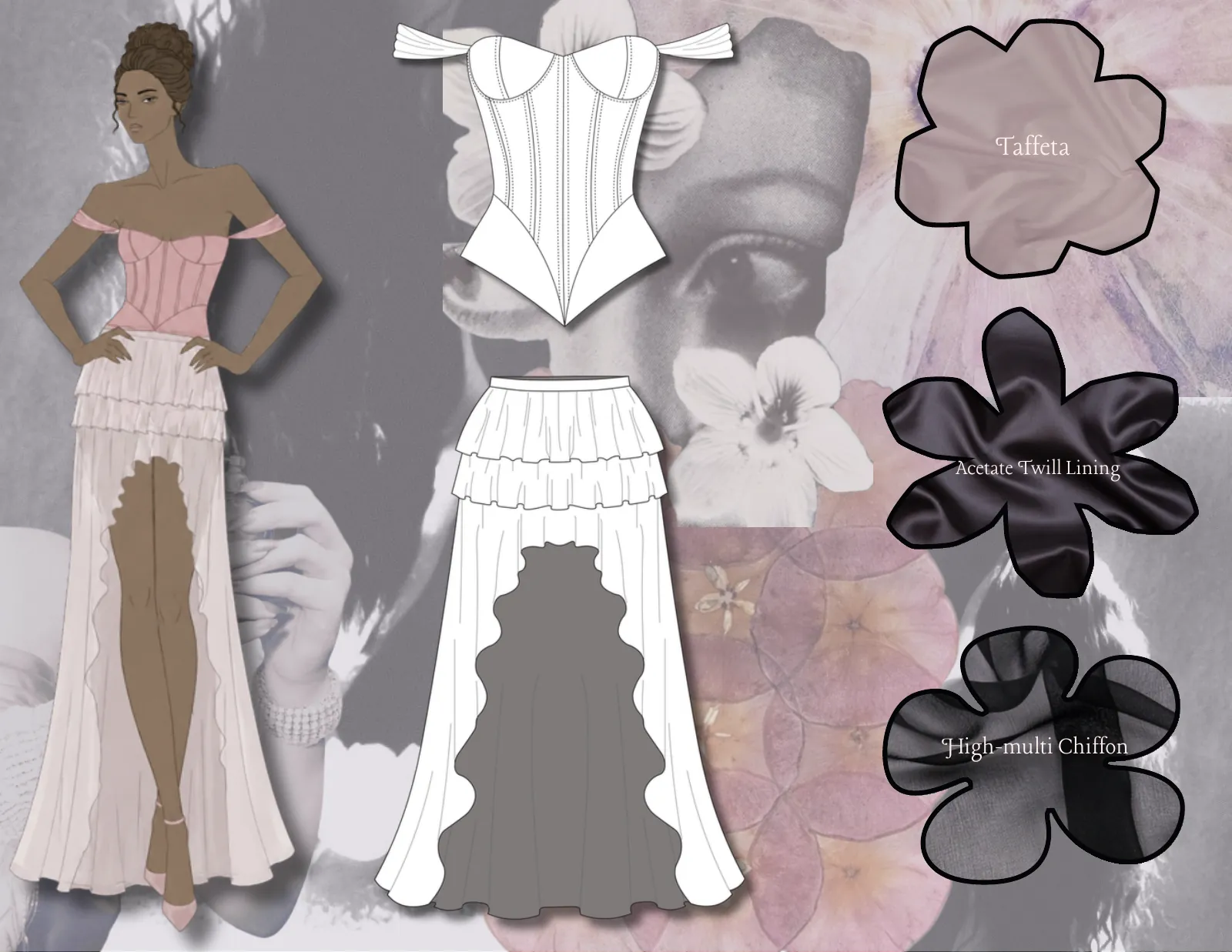 Pink corset and ruffled high-low skirt illustration with technical flats