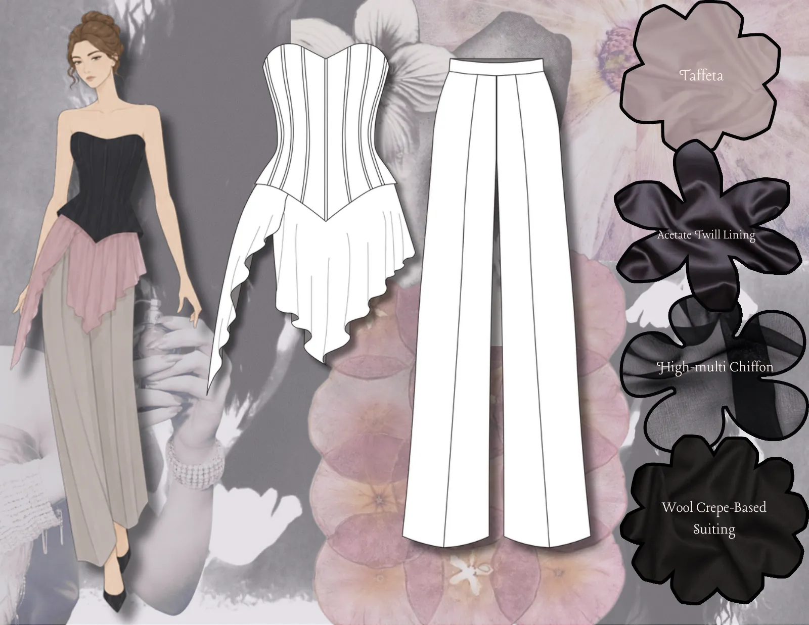 Black corset with draped pink peplum and wide trousers, with technical flats