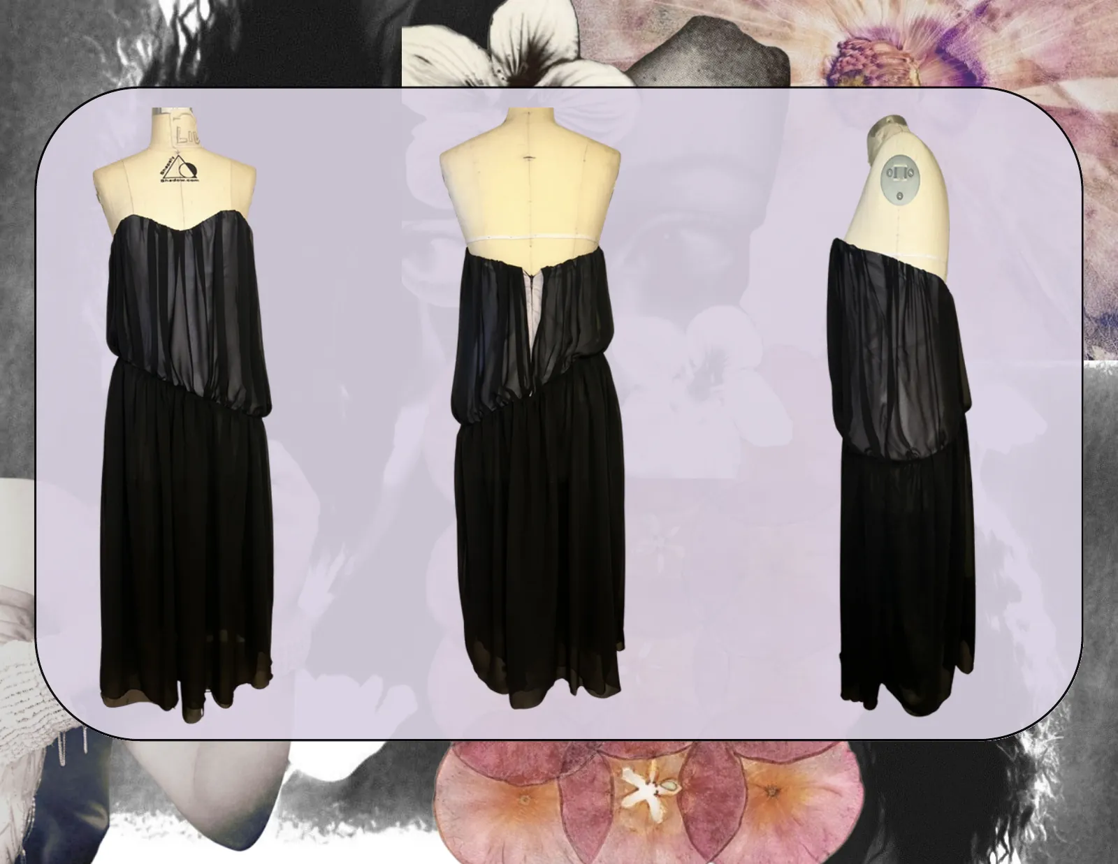 Back and front views of the finished black dress