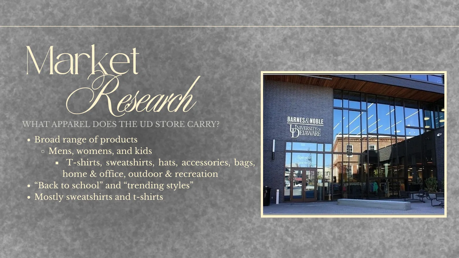 Market research slide with the University of Delaware store
