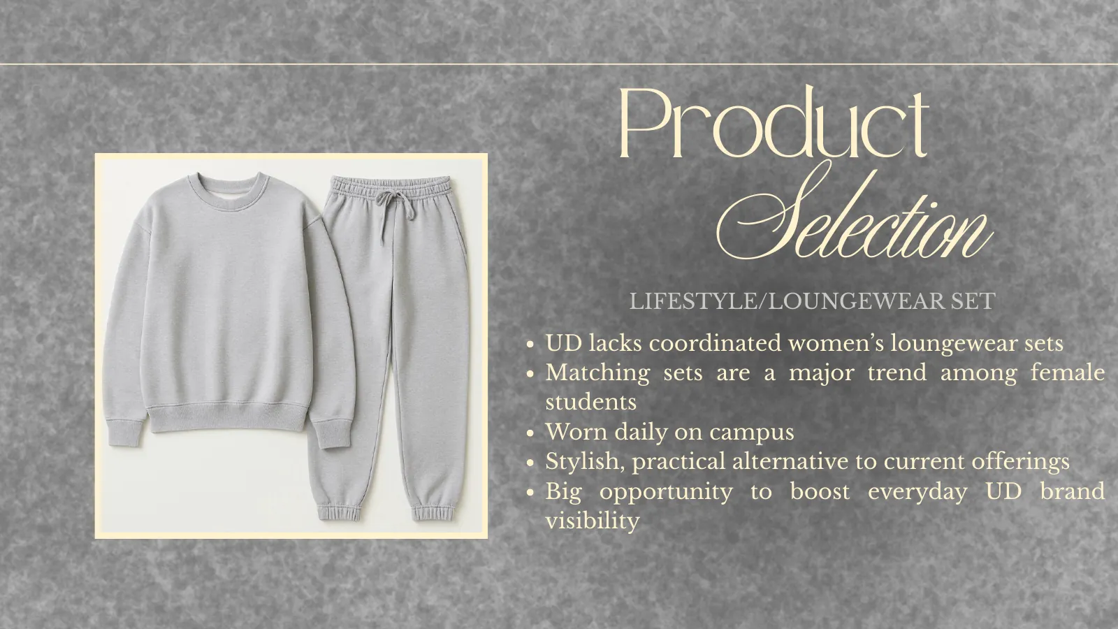 Product selection: a grey sweatshirt and sweatpants set