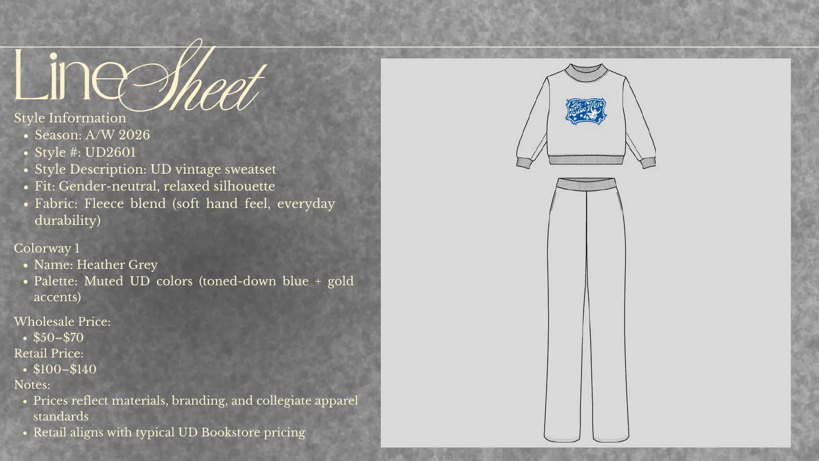 Line sheet with style information and pricing